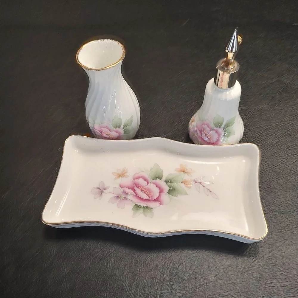 3 piece Porcelain Vanity Set (Tray, Vase, Perfume Automizer) - Picture 2 of 13